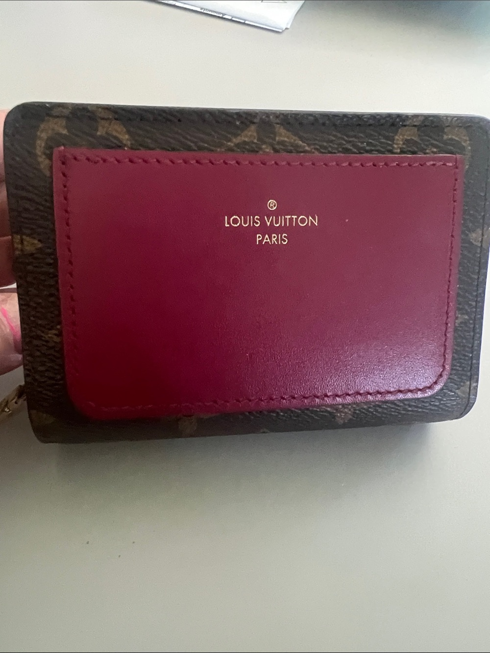 Louis Vuitton Monogram Card Case with Burgundy Pocket and Gold Logo